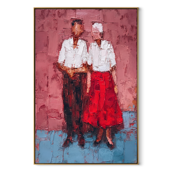 Two Women Wear Scarlet – Standing Women in Red Trousers Painting | Retro Modern Vertical Wall Art