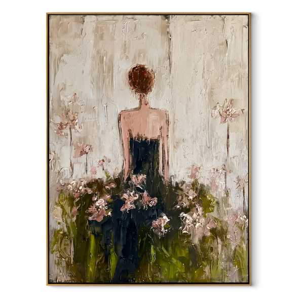 Flowers Rise Behind Silence – Back Facing Floral Woman Painting | Retro Modern Vertical Wall Art