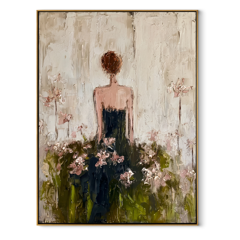 Flowers Rise Behind Silence – Back Facing Floral Woman Painting | Retro Modern Vertical Wall Art
