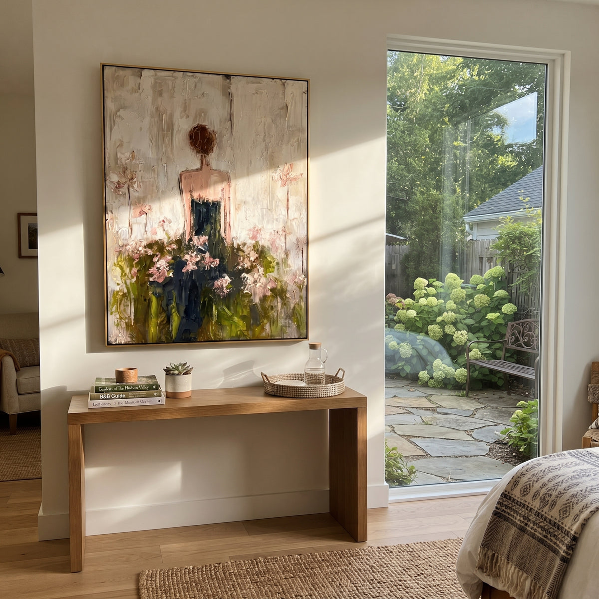 Flowers Rise Behind Silence – back facing floral woman, Retro Modern vertical wall art - displayed through an entryway