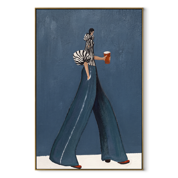 Long Trousers Carry Coffee – Fashion Woman Holding Cup Painting | Retro Modern Vertical Wall Art