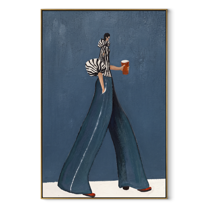 Long Trousers Carry Coffee – Fashion Woman Holding Cup Painting | Retro Modern Vertical Wall Art