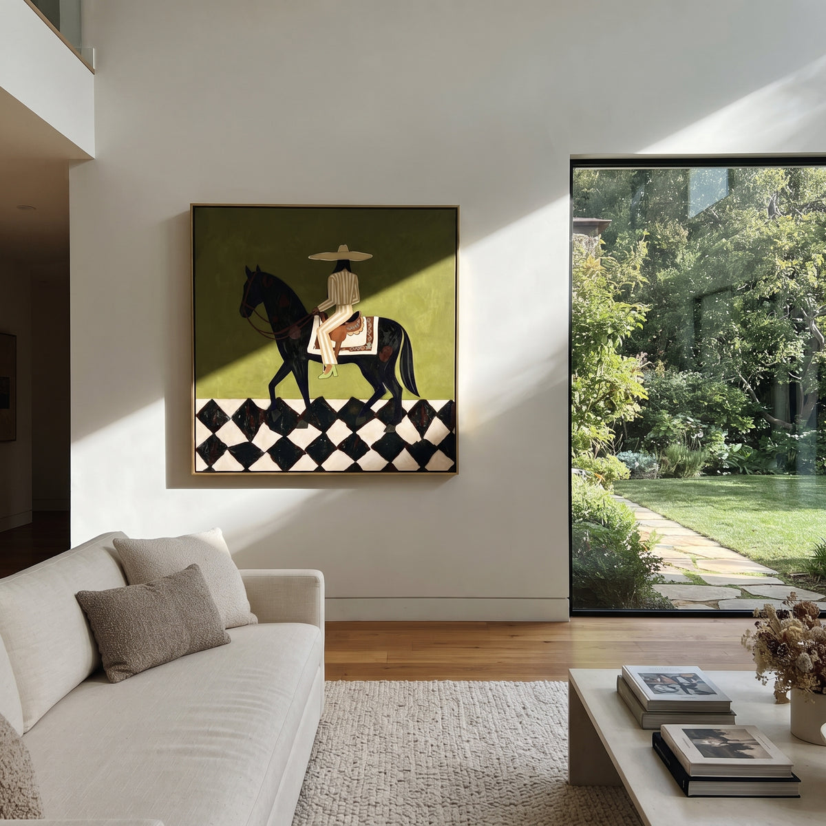 Green Silence Holds Hooves – woman on black horse, Retro Modern square wall art - displayed in a collected modern lounge