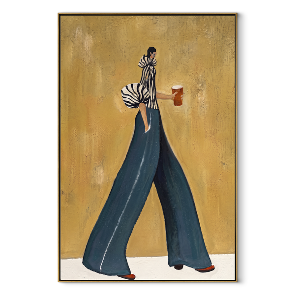 Coffee Crosses Golden Hour – Fashion Woman Holding Cup Painting | Retro Modern Vertical Wall Art