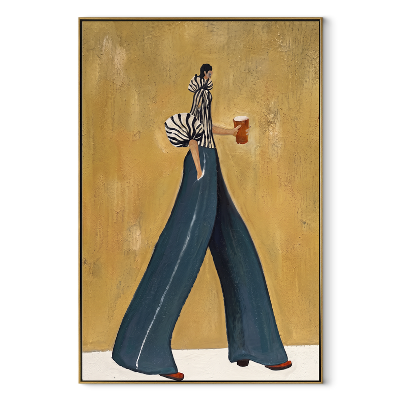 Coffee Crosses Golden Hour – Fashion Woman Holding Cup Painting | Retro Modern Vertical Wall Art