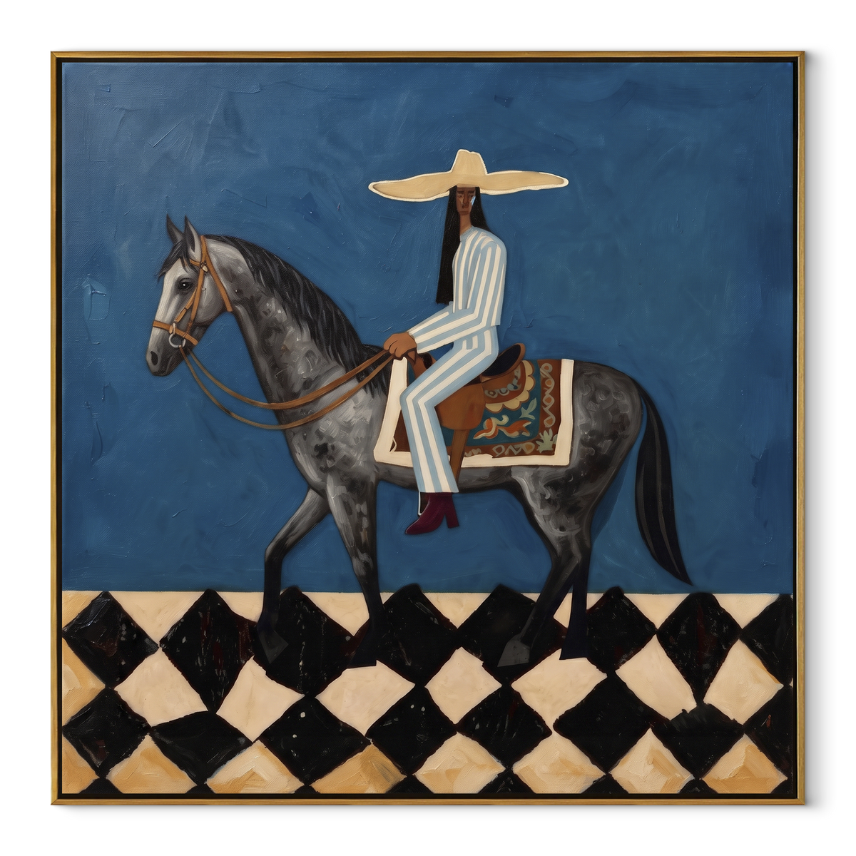 Gray Hooves Carry Blue – woman riding gray horse, Retro Modern square wall art - wood frame on white background