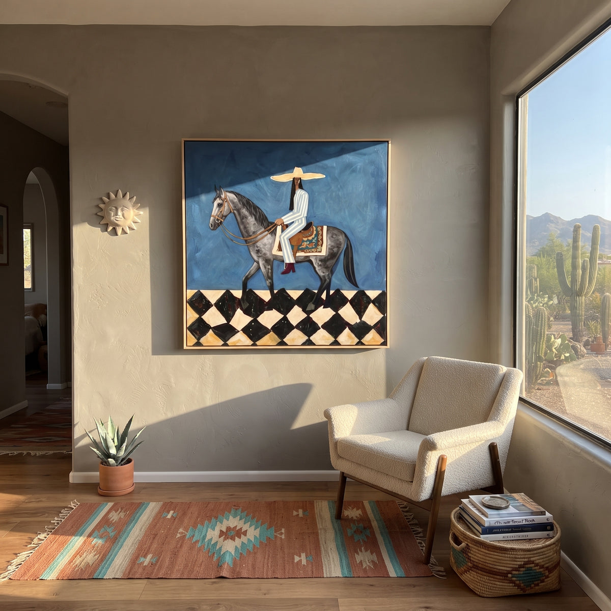 Gray Hooves Carry Blue – woman riding gray horse, Retro Modern square wall art - displayed beside a home office desk