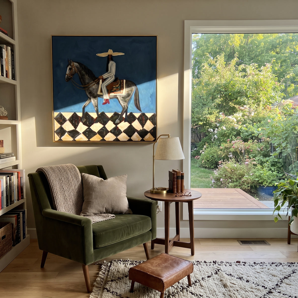 Gray Hooves Carry Blue – woman riding gray horse, Retro Modern square wall art - displayed in a collected modern lounge