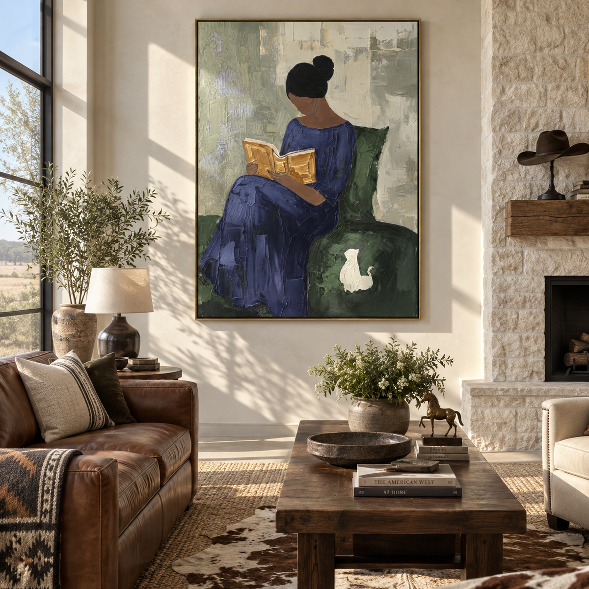 White Cat Guards Pages – woman reading with cat, Retro Modern vertical wall art - displayed beside a bedroom dresser