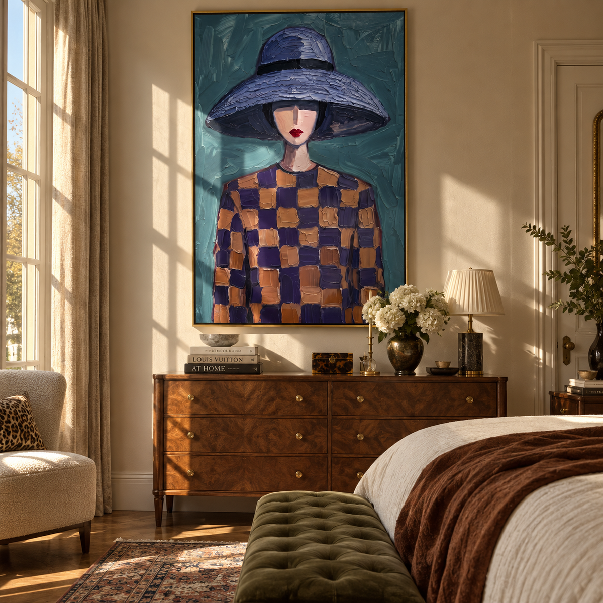 Blue Brim Guards Squares – checkered fashion woman portrait, Retro Modern vertical wall art - displayed beside a bedroom dresser