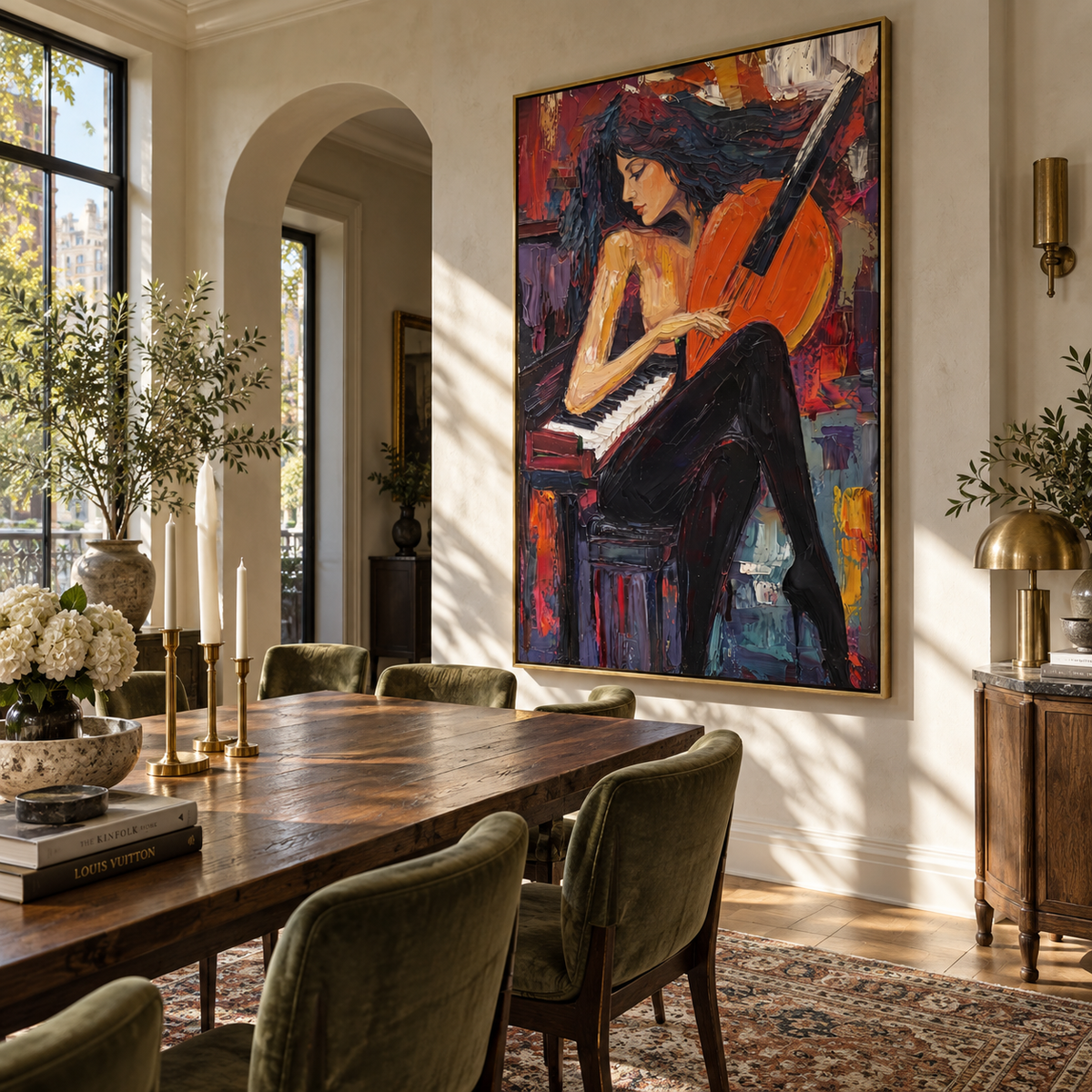 Orange Cello Meets Keys – woman with cello and piano, Retro Modern vertical wall art - displayed above a narrow living room console