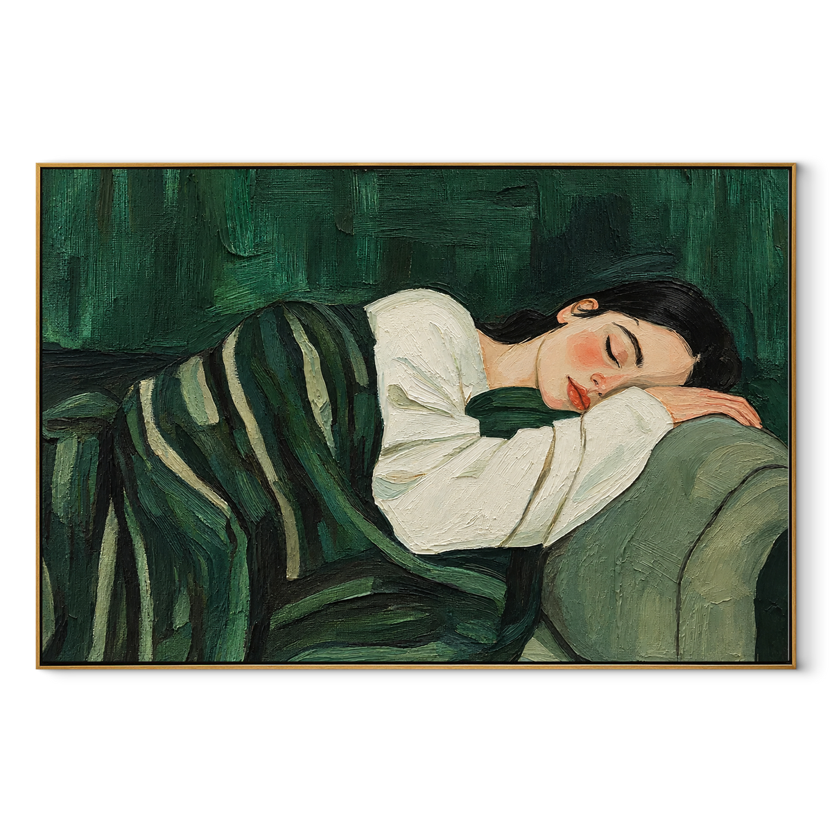 Green Cushions Keep Sleep – sleeping woman on green sofa, Retro Modern horizontal wall art - wood frame on white background