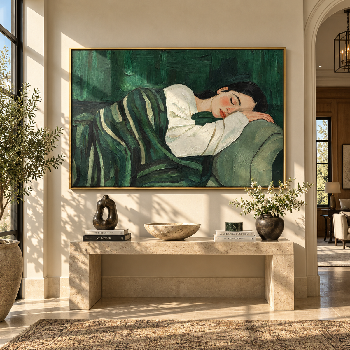 Green Cushions Keep Sleep – sleeping woman on green sofa, Retro Modern horizontal wall art - displayed beside a dining sideboard