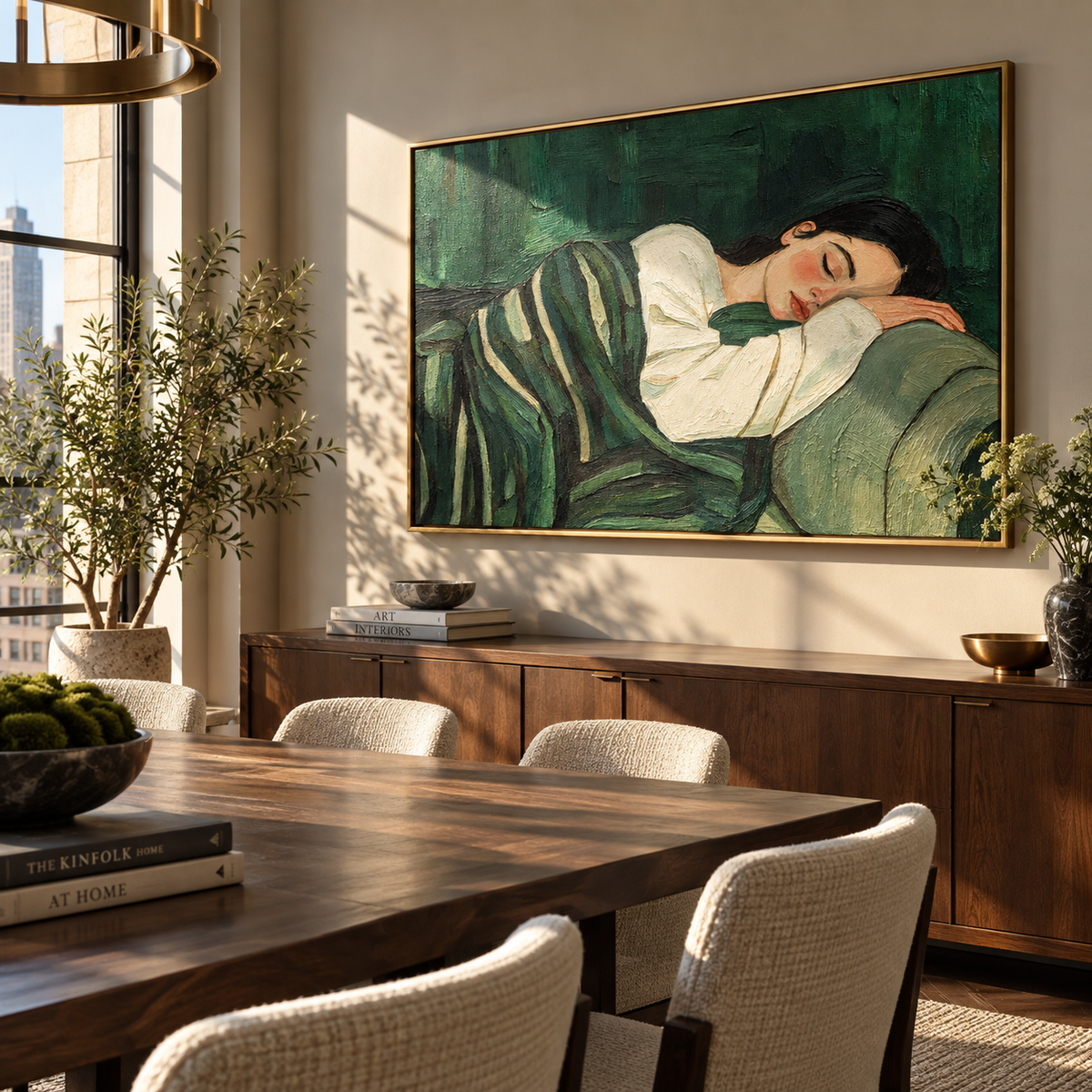 Green Cushions Keep Sleep – sleeping woman on green sofa, Retro Modern horizontal wall art - displayed over a home office credenza