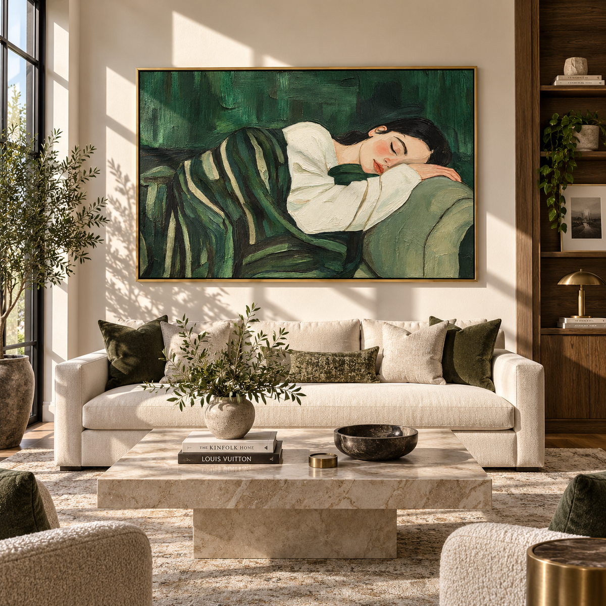 Green Cushions Keep Sleep – sleeping woman on green sofa, Retro Modern horizontal wall art - displayed in an open-plan lounge