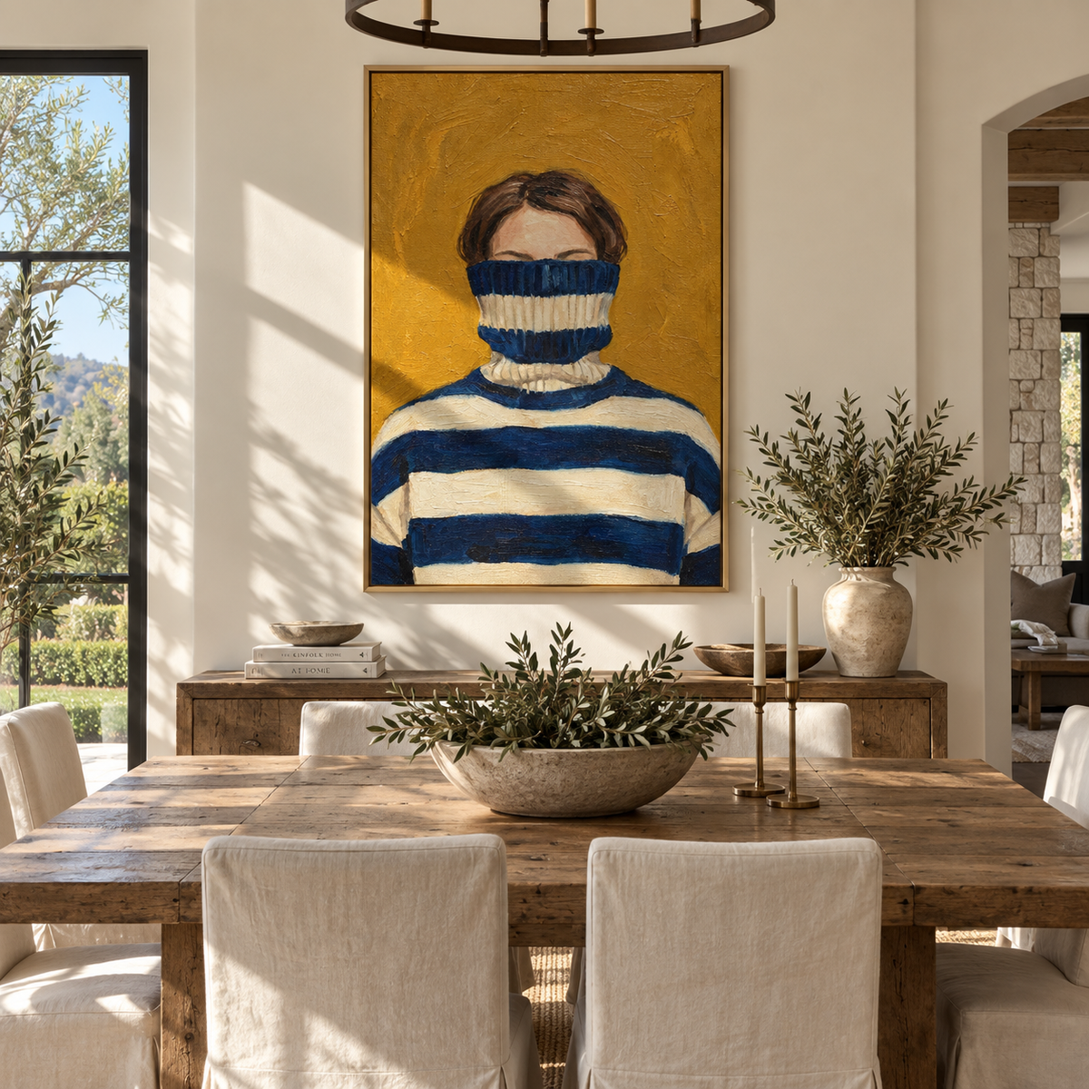 Navy Collar Hides Her – striped turtleneck woman portrait, Retro Modern vertical wall art - displayed beside a bedroom dresser