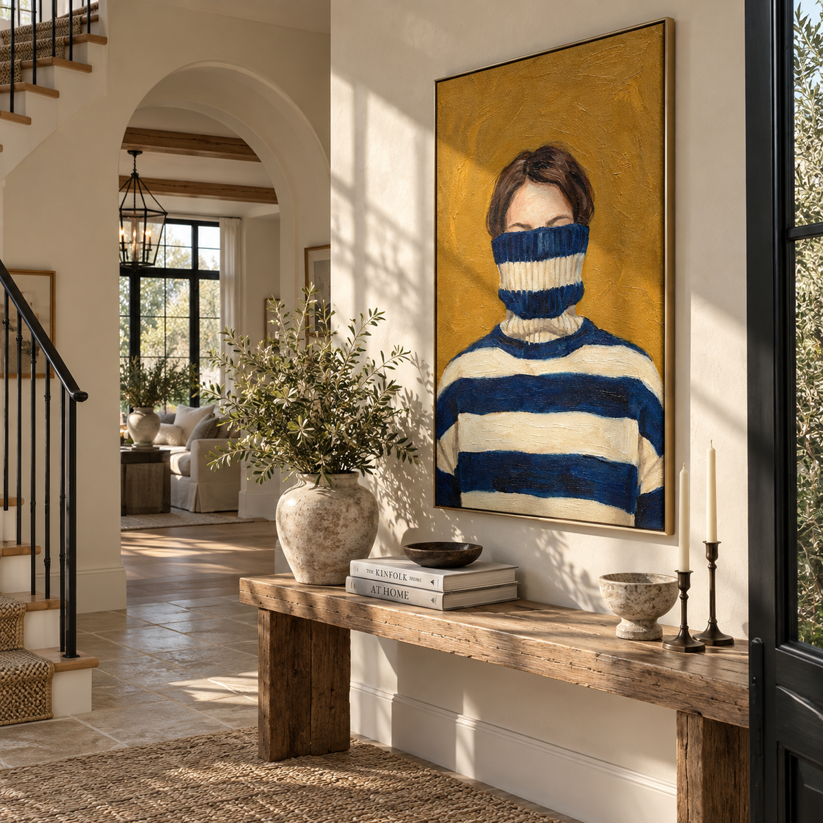 Navy Collar Hides Her – striped turtleneck woman portrait, Retro Modern vertical wall art - displayed through an entryway