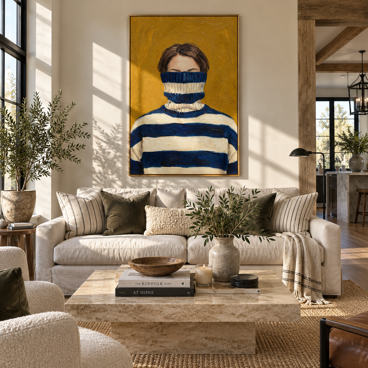 Navy Collar Hides Her – striped turtleneck woman portrait, Retro Modern vertical wall art - displayed along a stair landing