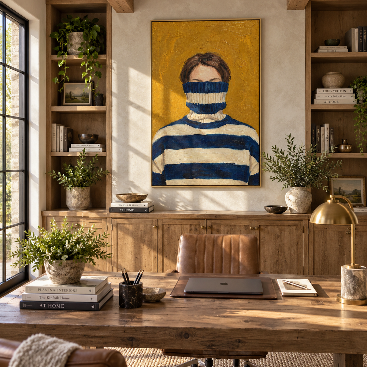 Navy Collar Hides Her – striped turtleneck woman portrait, Retro Modern vertical wall art - displayed above a narrow living room console