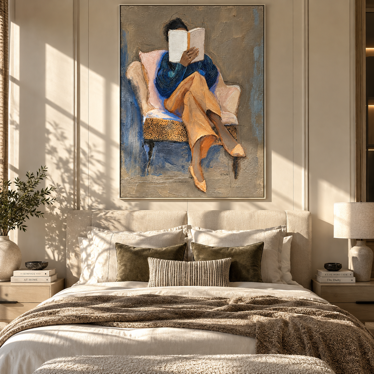 Open Pages Hold Noon – seated woman reading book, Retro Modern vertical wall art - displayed beside a bedroom dresser