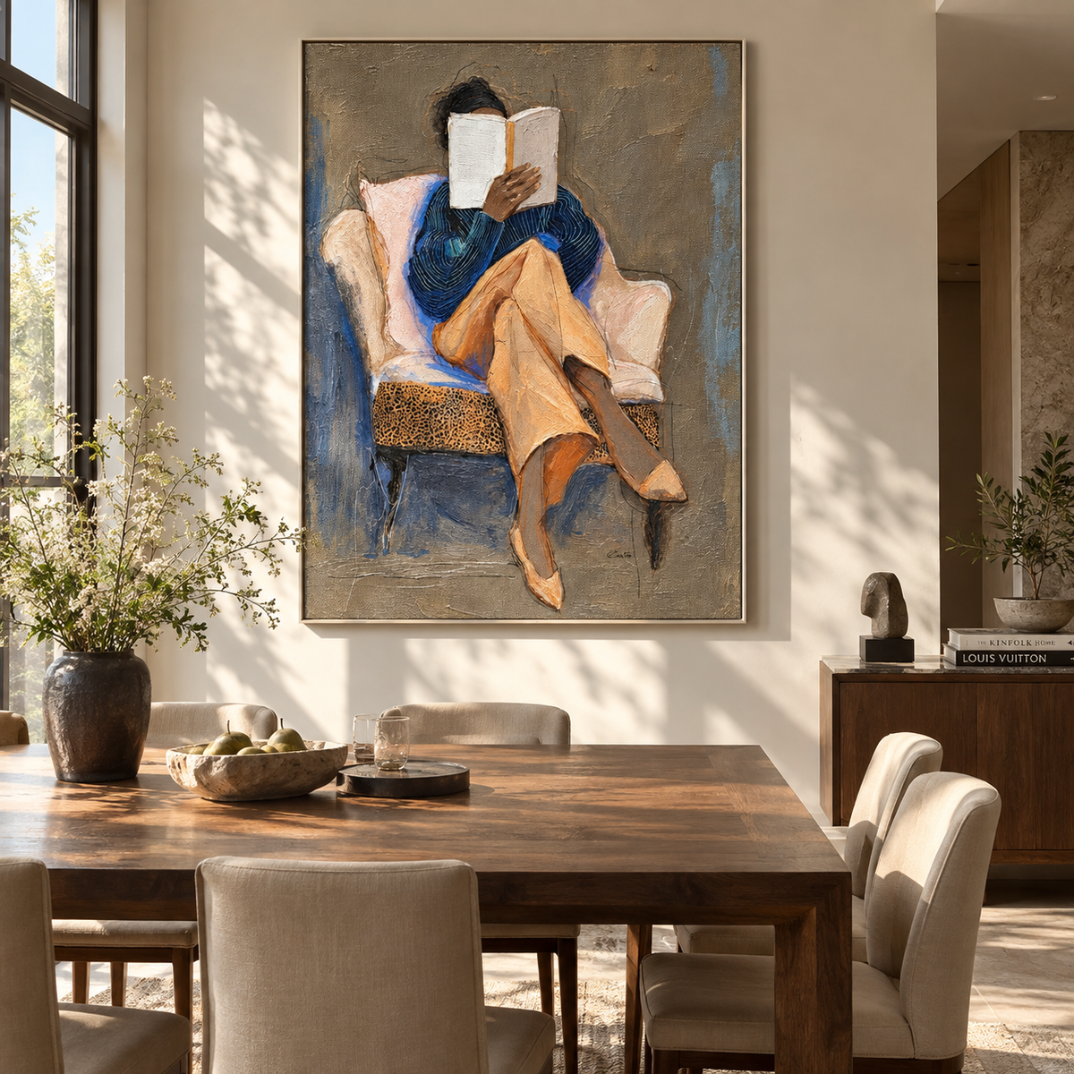 Open Pages Hold Noon – seated woman reading book, Retro Modern vertical wall art - displayed through an entryway