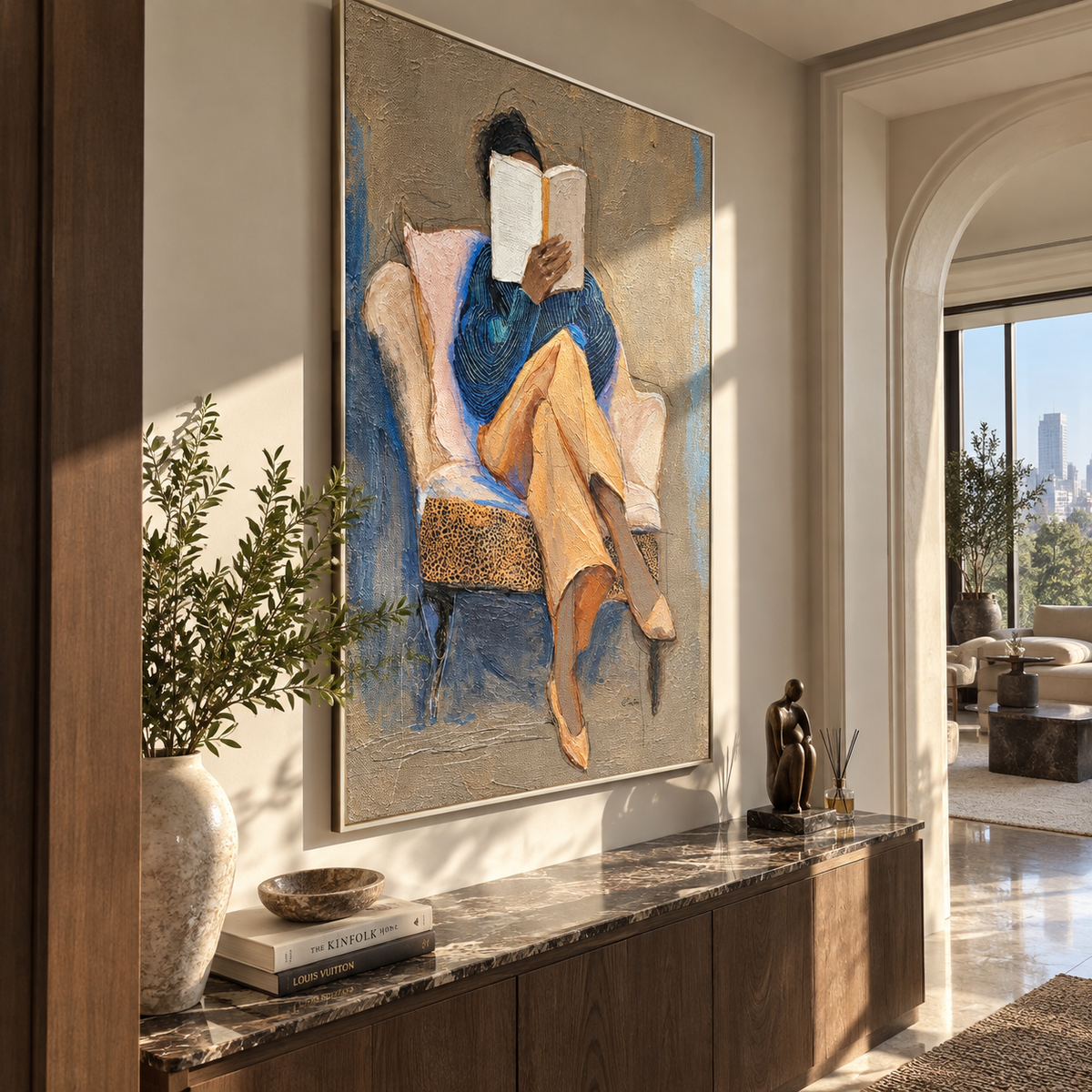 Open Pages Hold Noon – seated woman reading book, Retro Modern vertical wall art - displayed along a stair landing