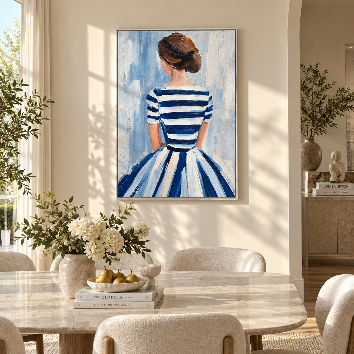 Blue Stripes Face Morning – back facing striped dress woman, Retro Modern vertical wall art - displayed along a stair landing