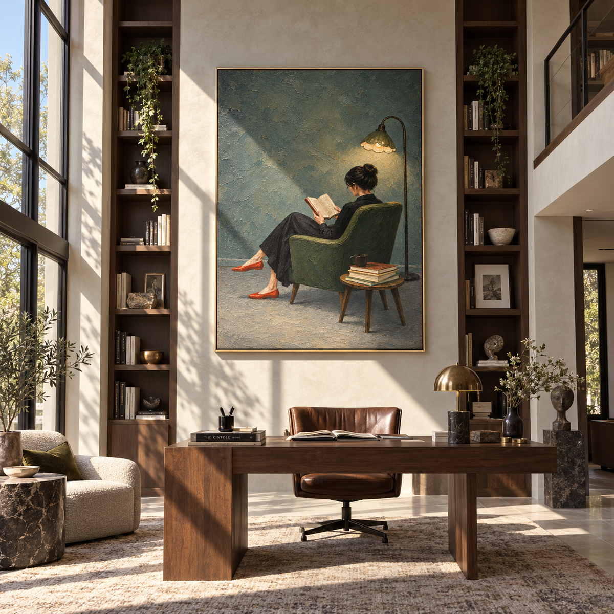 Lamplight Finds Red Heels – woman reading under floor lamp, Retro Modern vertical wall art - displayed beside a bedroom dresser