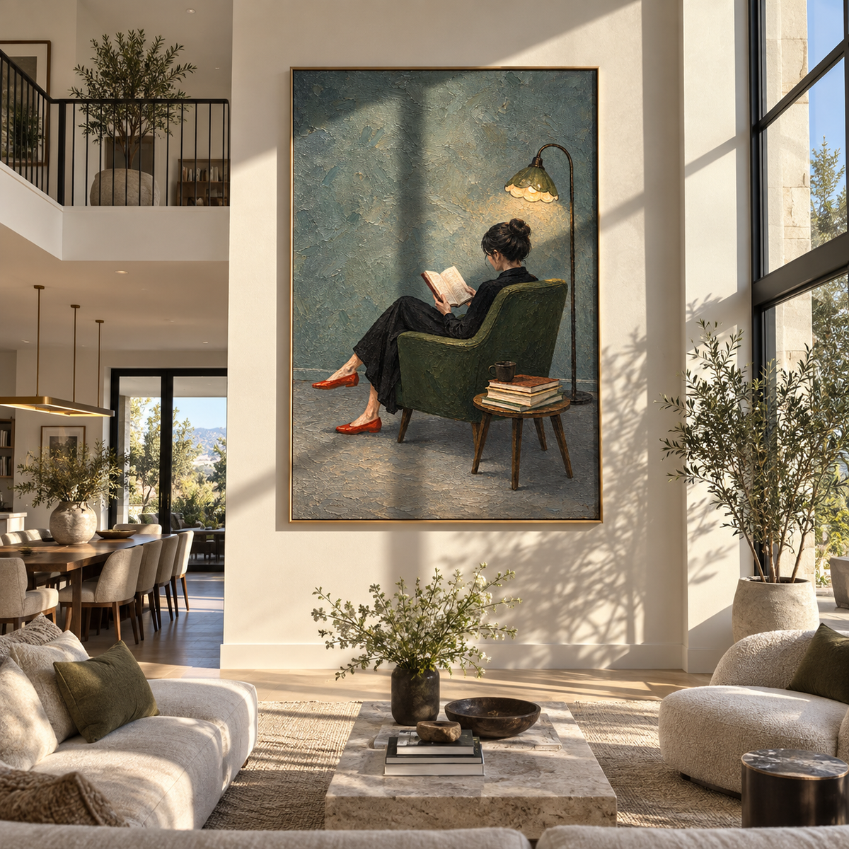 Lamplight Finds Red Heels – woman reading under floor lamp, Retro Modern vertical wall art - displayed along a stair landing