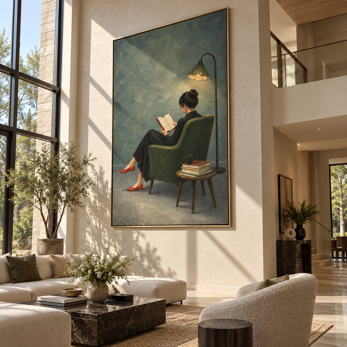 Lamplight Finds Red Heels – woman reading under floor lamp, Retro Modern vertical wall art - displayed above a narrow living room console