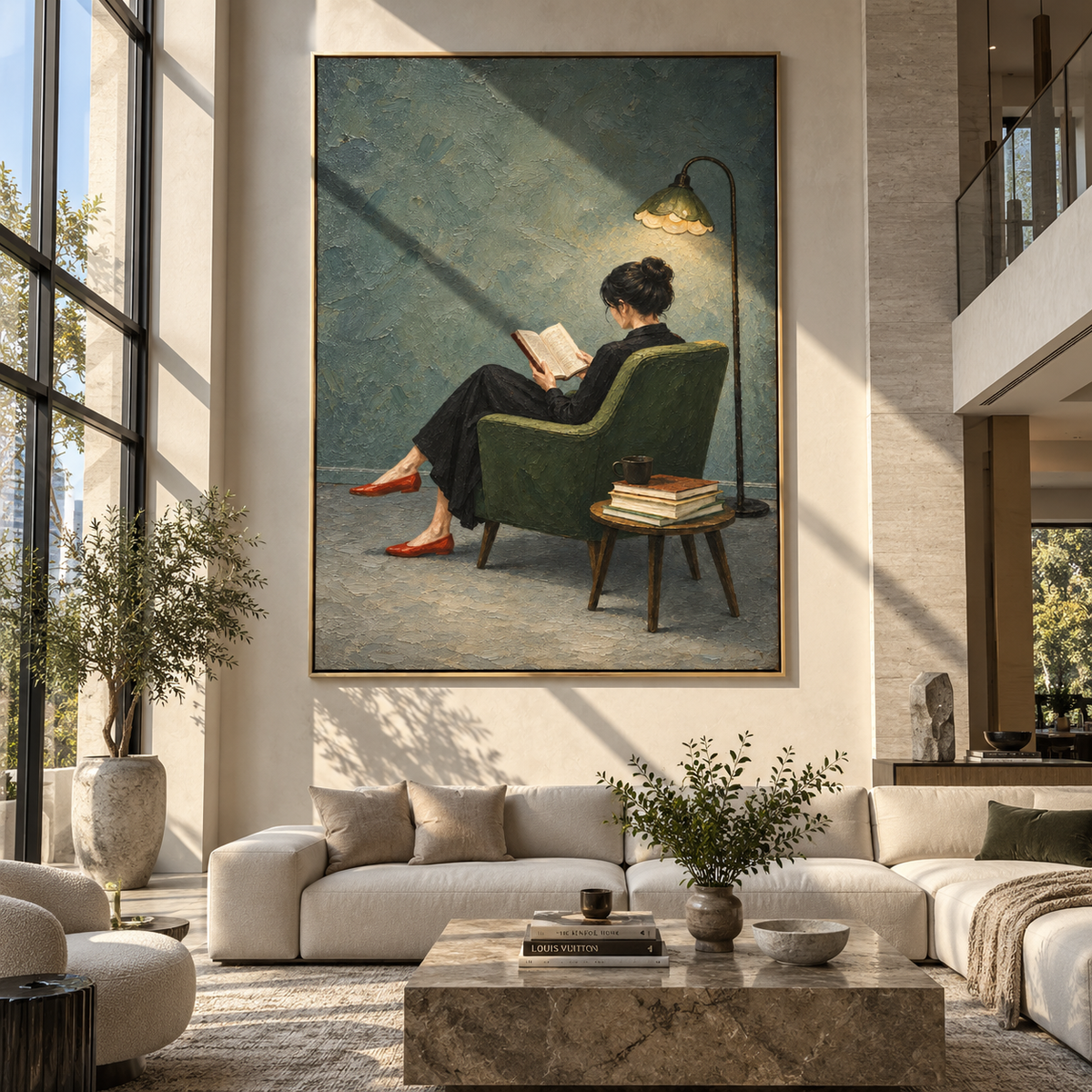 Lamplight Finds Red Heels – woman reading under floor lamp, Retro Modern vertical wall art - displayed in a quiet reading corner