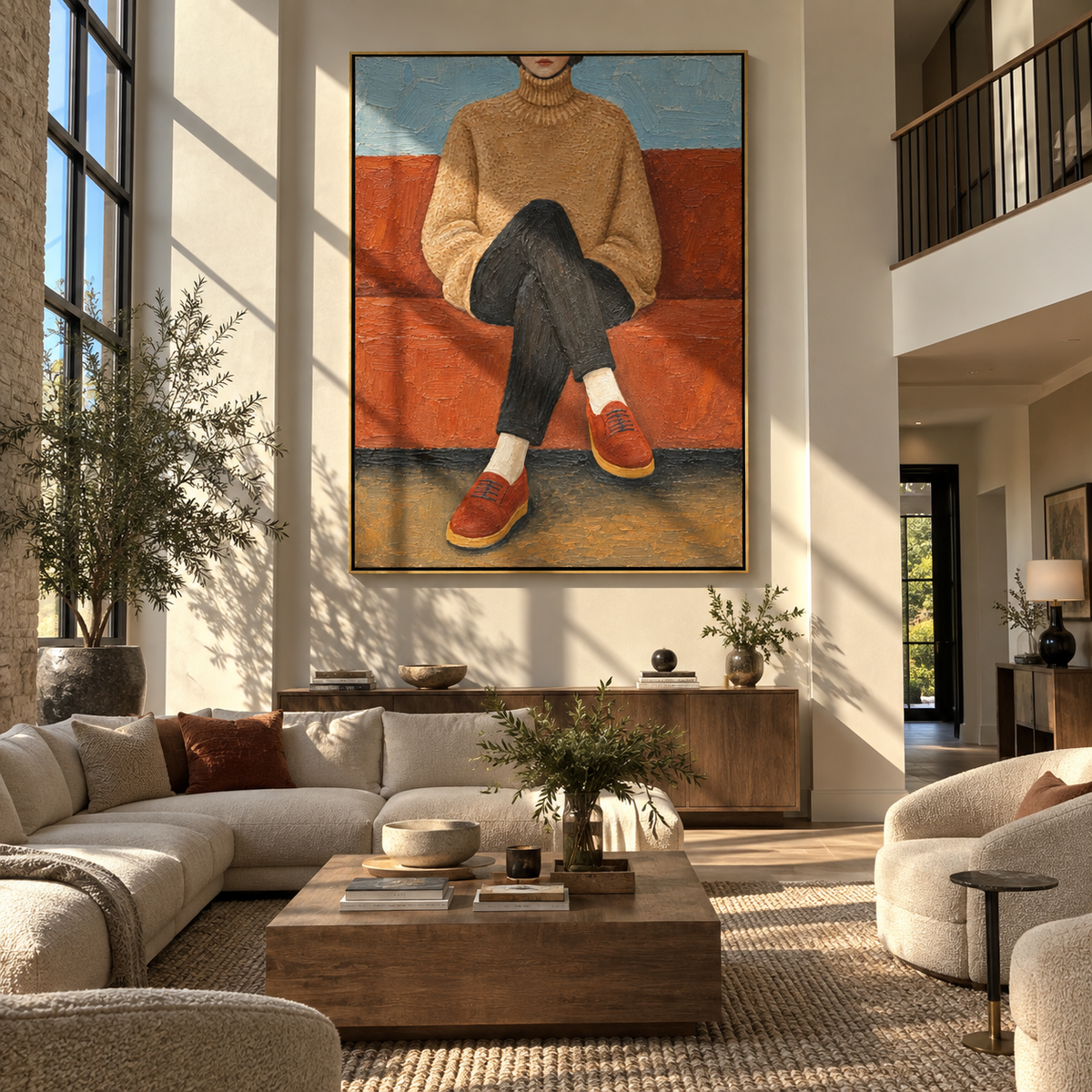Rust Shoes Cross Quiet – seated woman in tan sweater, Retro Modern vertical wall art - displayed along a stair landing