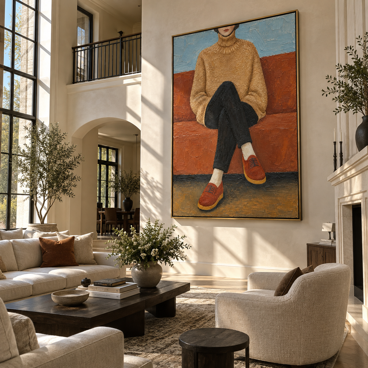 Rust Shoes Cross Quiet – seated woman in tan sweater, Retro Modern vertical wall art - displayed above a narrow living room console
