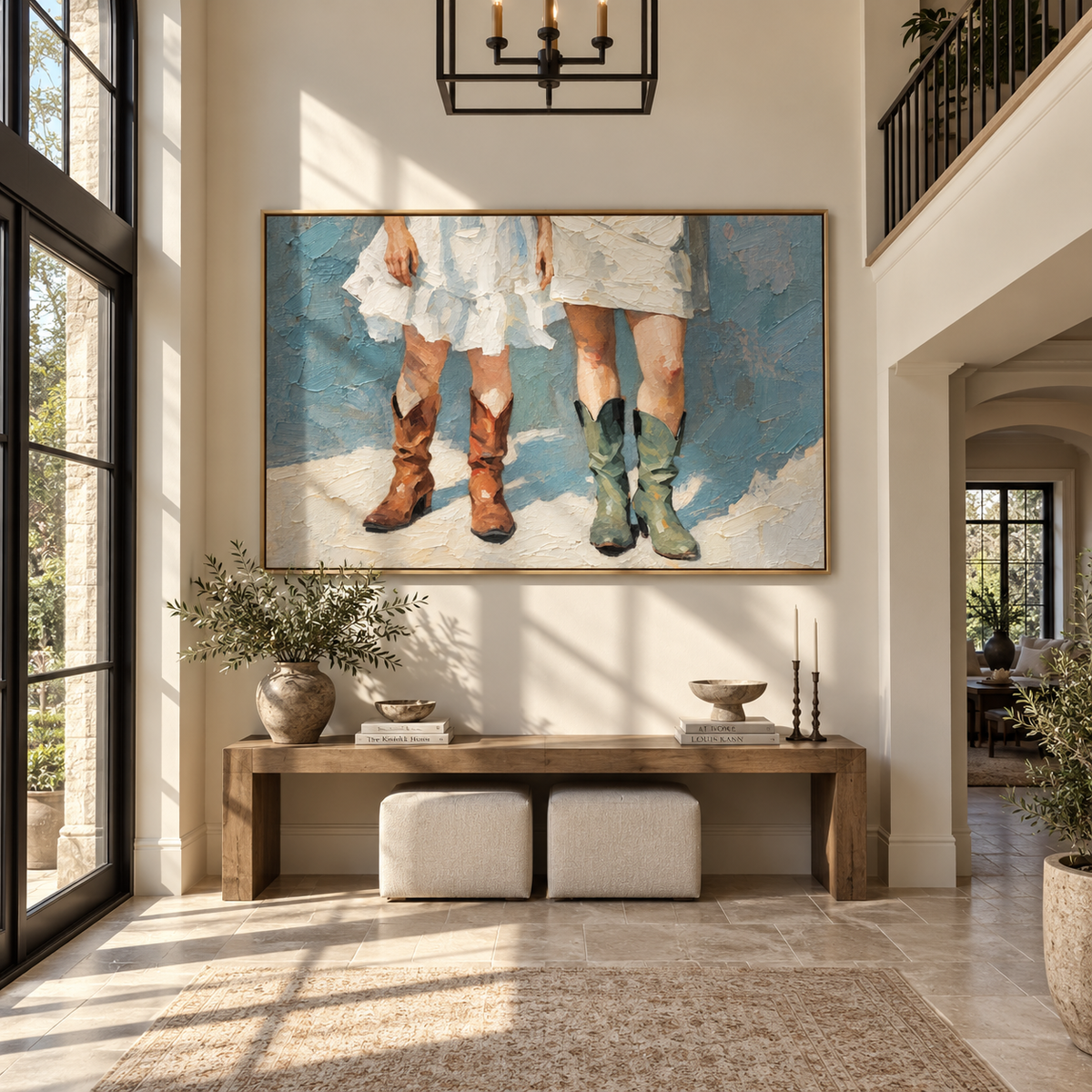 Three Boots Meet Snow – three women in cowboy boots, Retro Modern horizontal wall art - displayed above a living room sofa