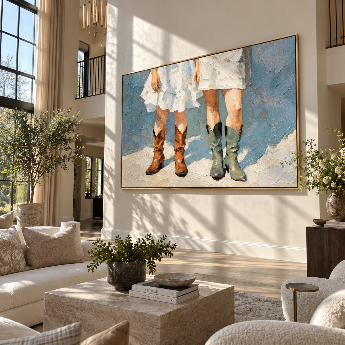 Three Boots Meet Snow – three women in cowboy boots, Retro Modern horizontal wall art - displayed beside a dining sideboard