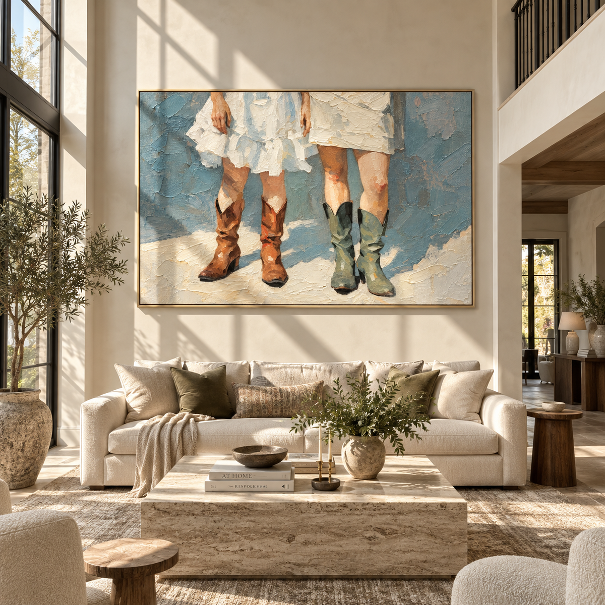 Three Boots Meet Snow – three women in cowboy boots, Retro Modern horizontal wall art - displayed over a home office credenza