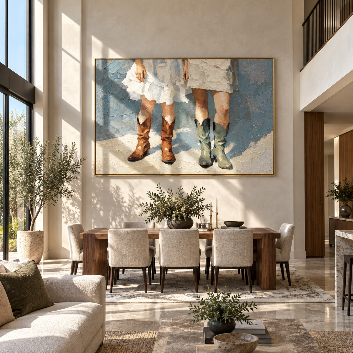 Three Boots Meet Snow – three women in cowboy boots, Retro Modern horizontal wall art - displayed above a long oak cabinet