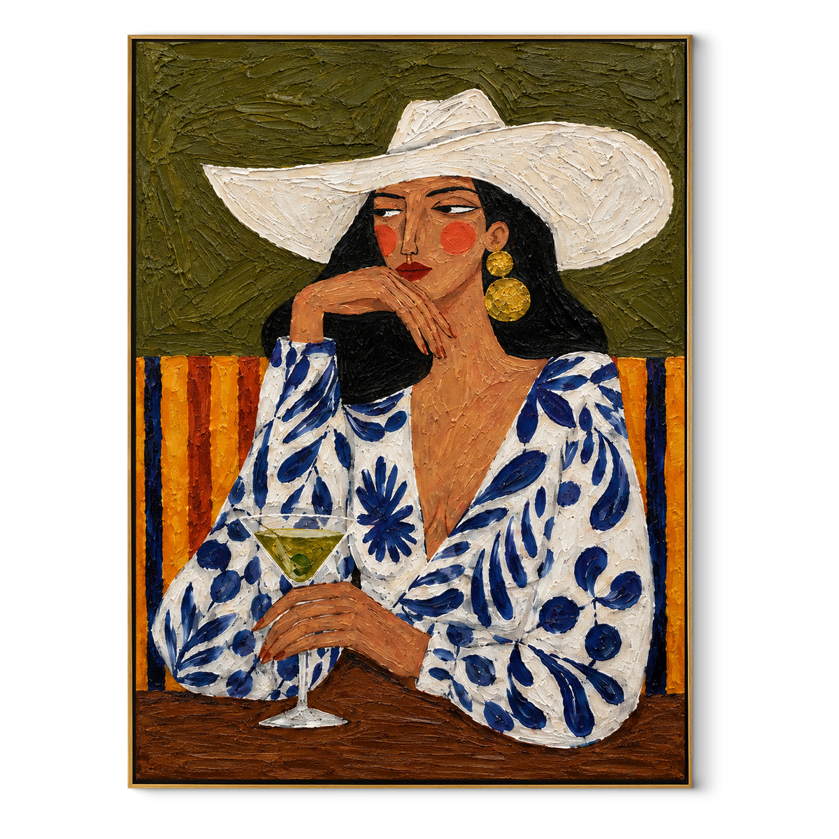 White Brim Guards Green – floral woman with white hat, Retro Modern vertical wall art - wood frame on white background