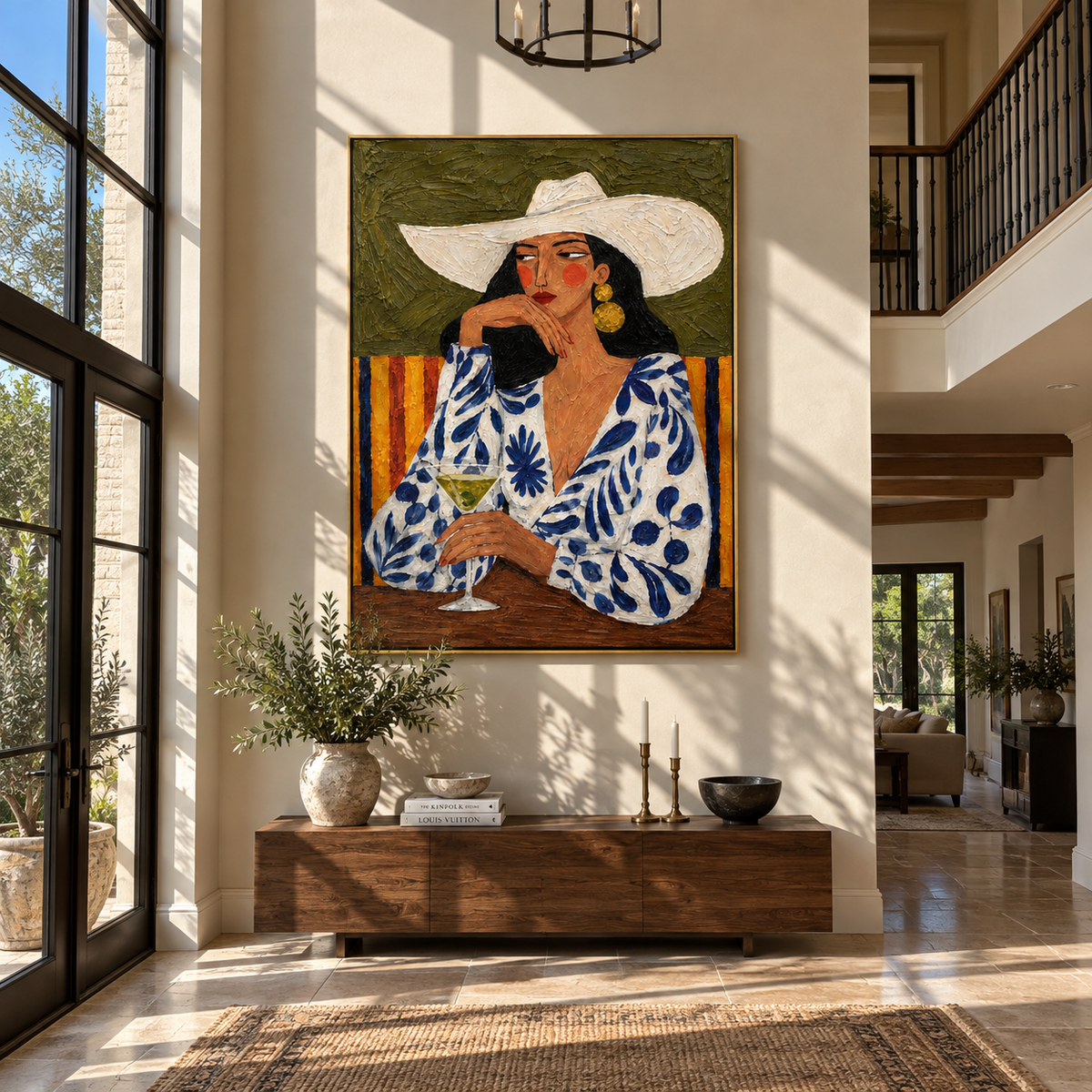 White Brim Guards Green – floral woman with white hat, Retro Modern vertical wall art - displayed through an entryway