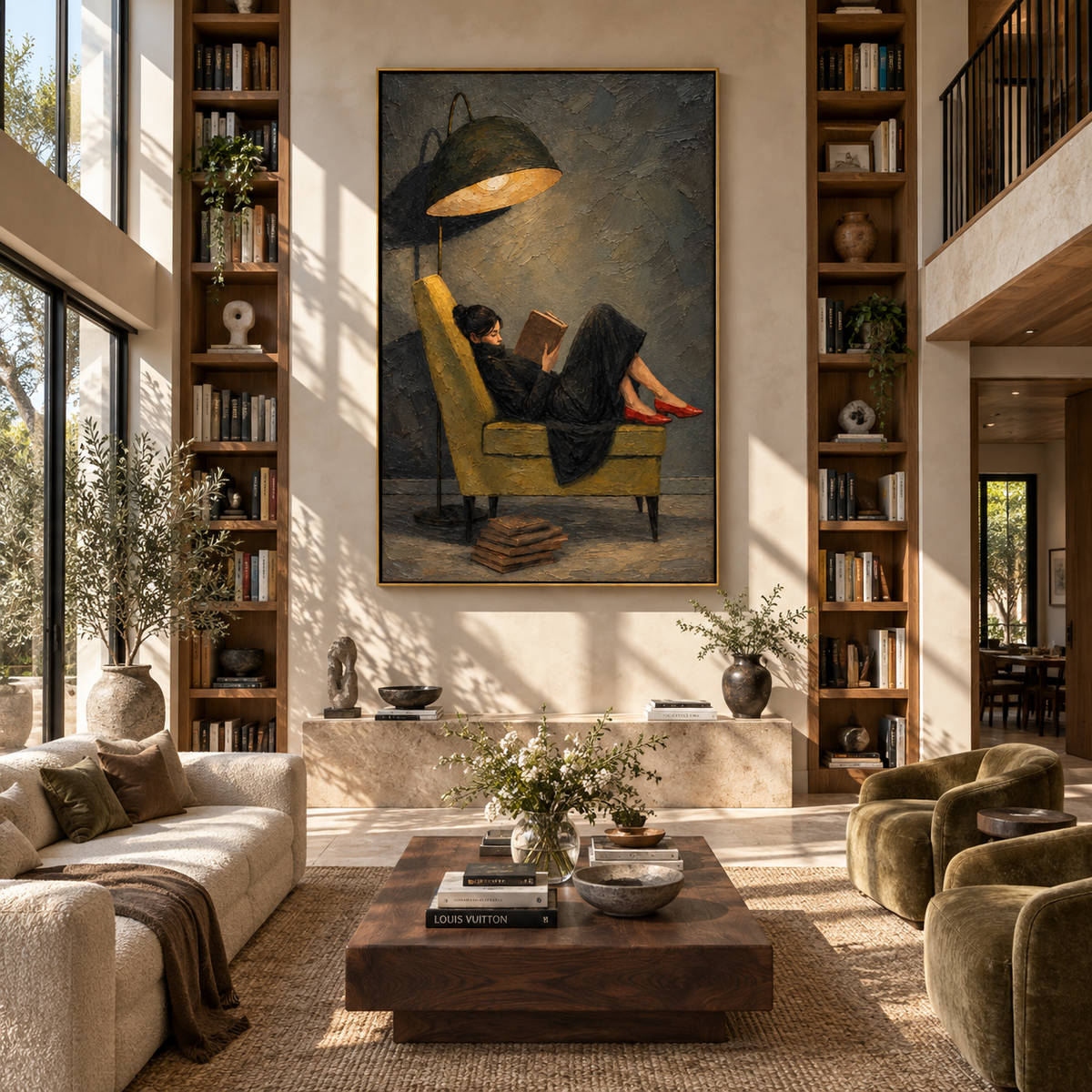 Black Shade Shelters Pages – woman reading under black lamp, Retro Modern vertical wall art - displayed beside a bedroom dresser