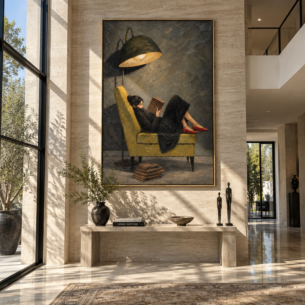 Black Shade Shelters Pages – woman reading under black lamp, Retro Modern vertical wall art - displayed through an entryway