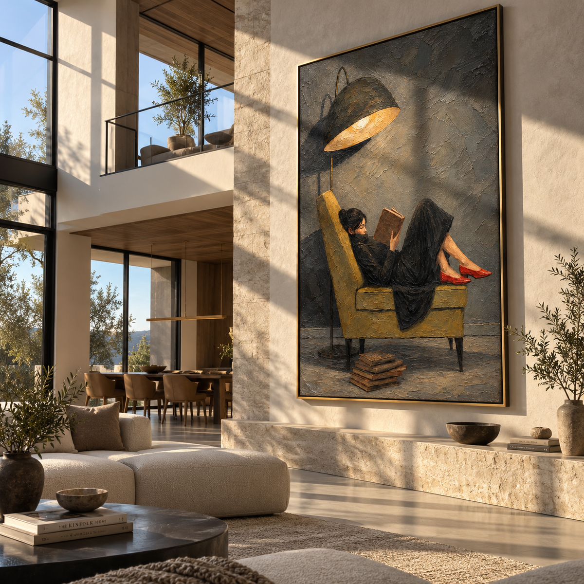 Black Shade Shelters Pages – woman reading under black lamp, Retro Modern vertical wall art - displayed above a narrow living room console