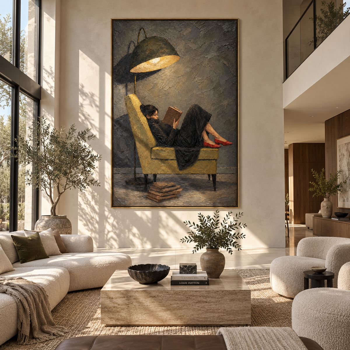Black Shade Shelters Pages – woman reading under black lamp, Retro Modern vertical wall art - displayed in a quiet reading corner