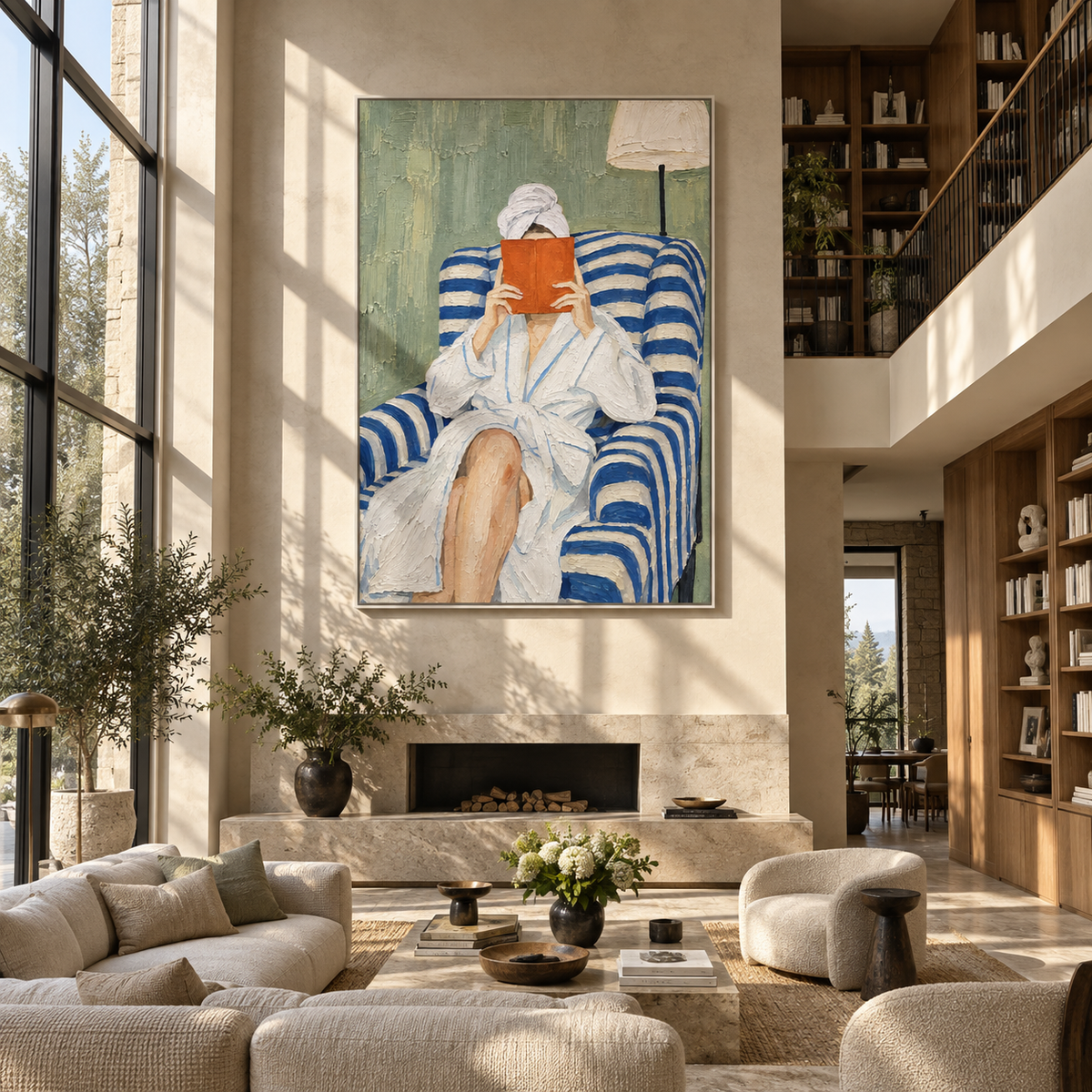 Orange Pages Cover Silence – woman reading in striped chair, Retro Modern vertical wall art - displayed beside a bedroom dresser
