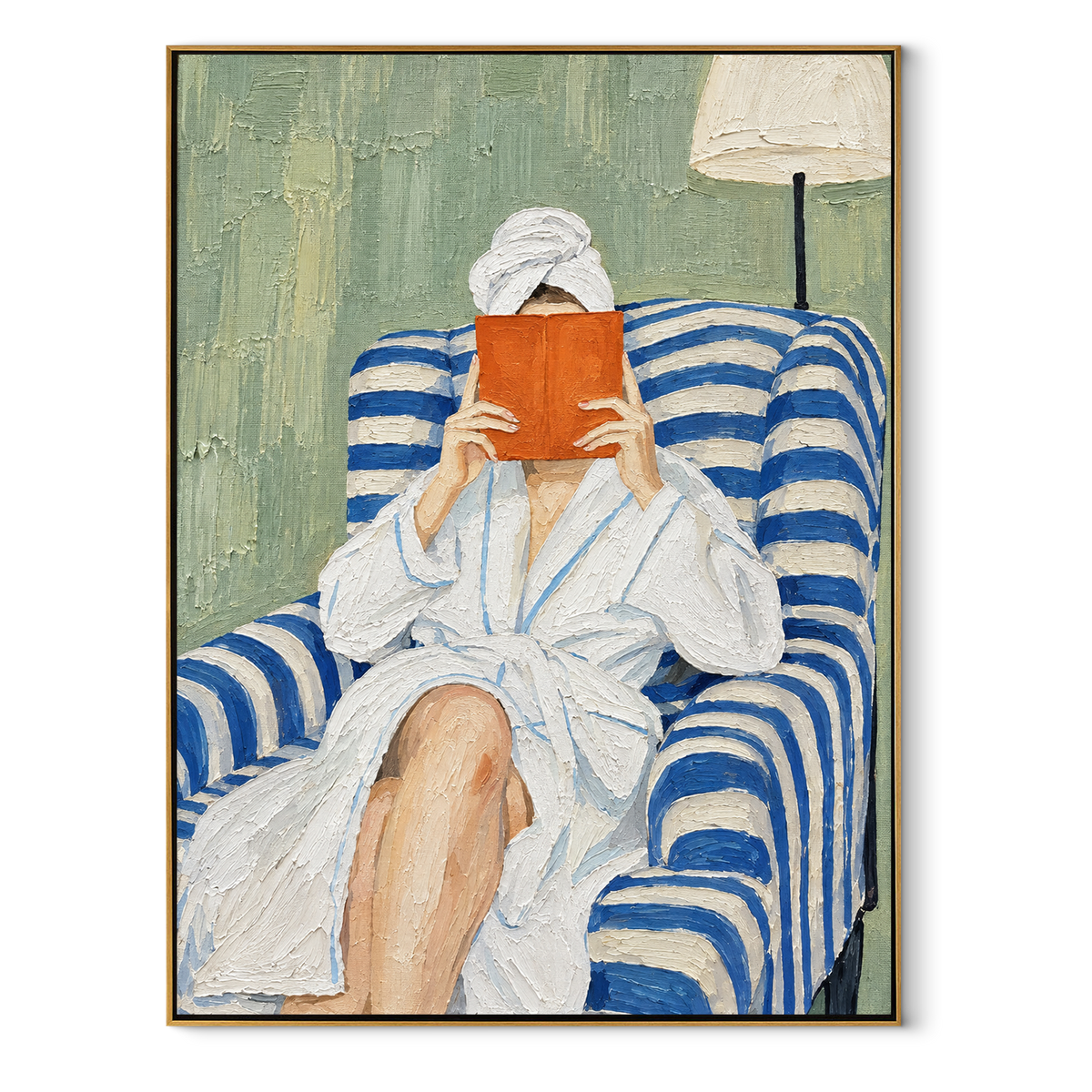 Orange Pages Cover Silence – woman reading in striped chair, Retro Modern vertical wall art - wood frame on white background