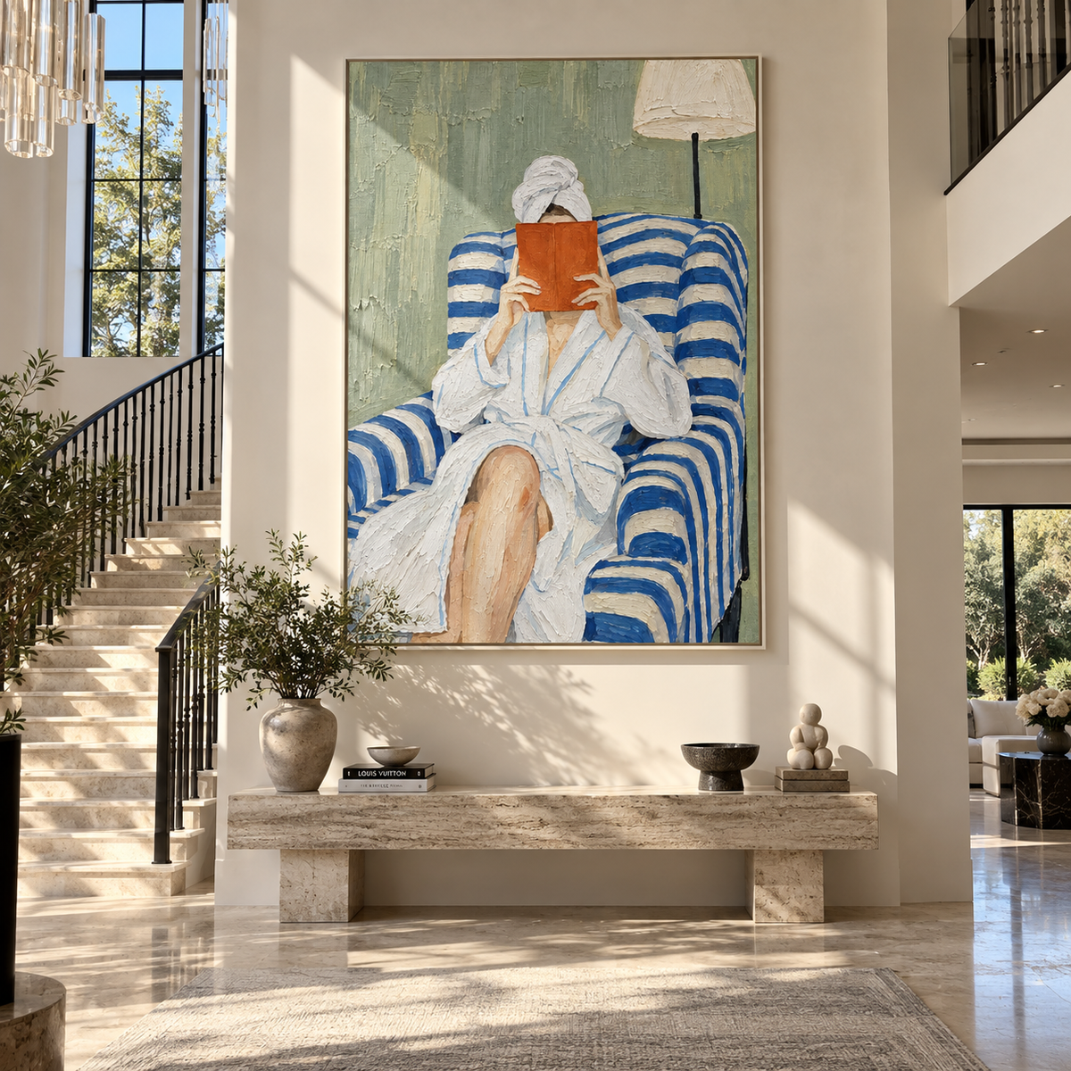 Orange Pages Cover Silence – woman reading in striped chair, Retro Modern vertical wall art - displayed through an entryway