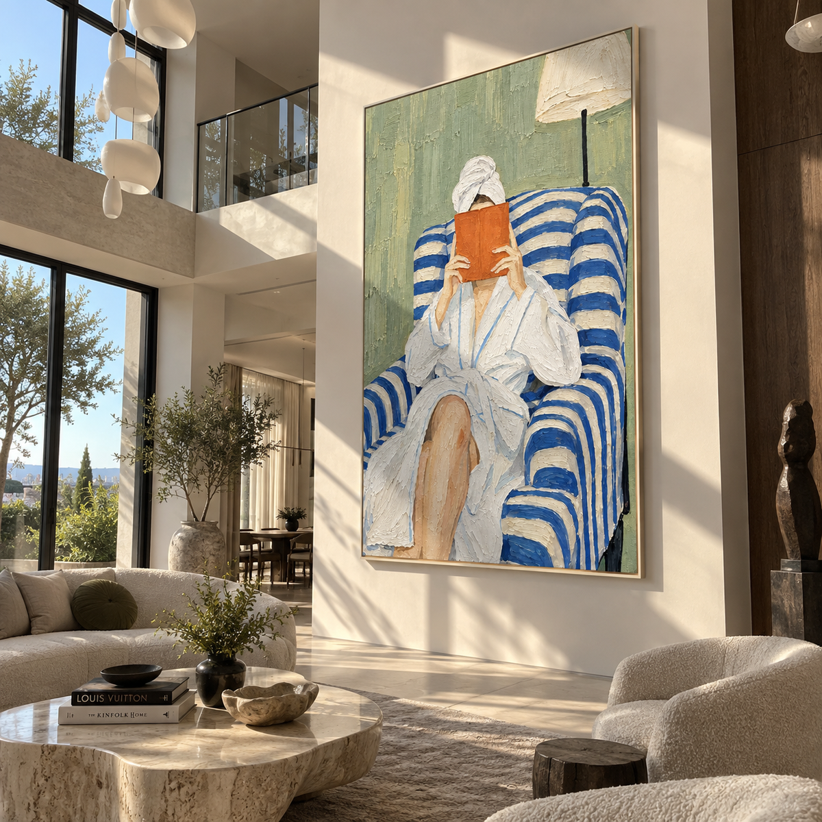 Orange Pages Cover Silence – woman reading in striped chair, Retro Modern vertical wall art - displayed above a narrow living room console