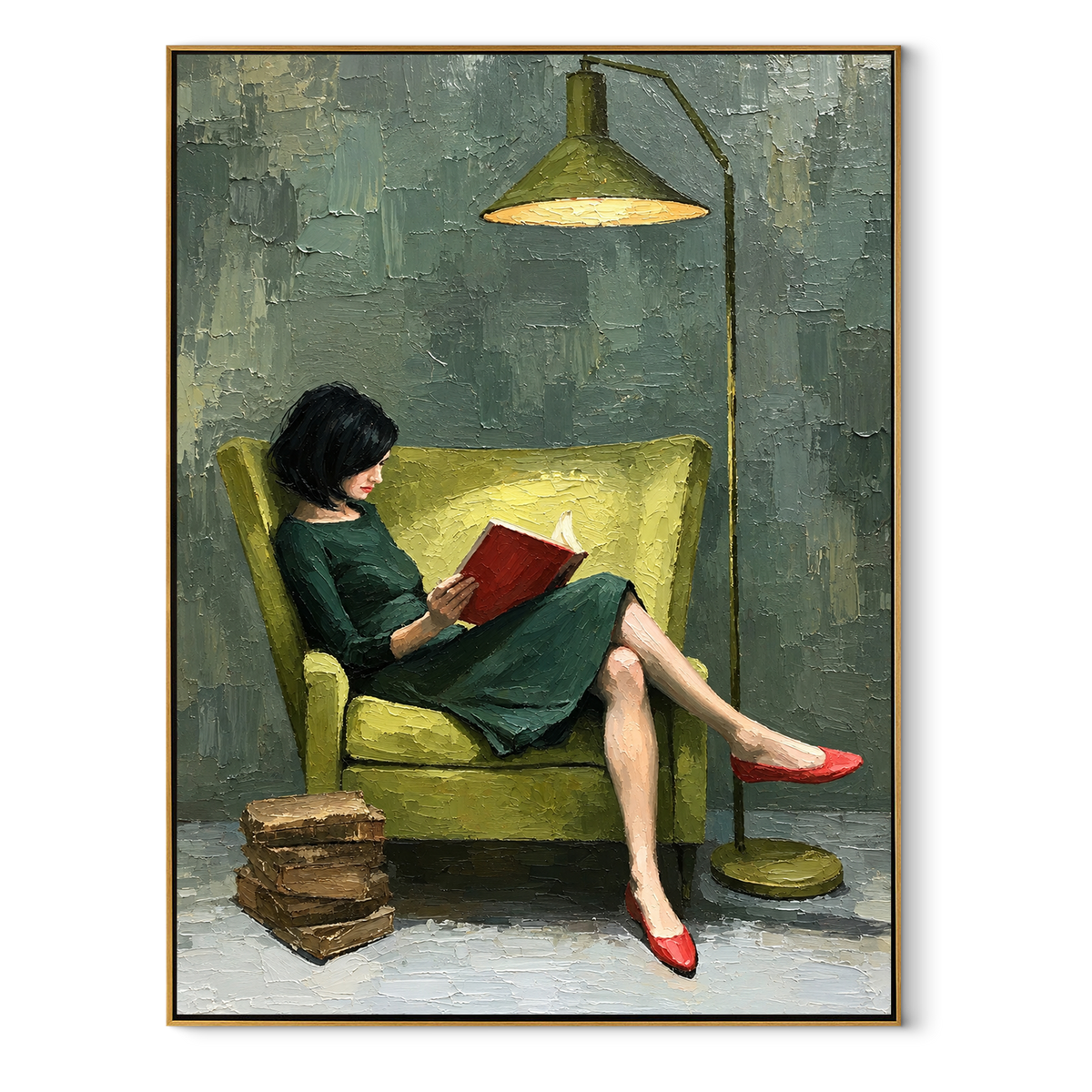 Green Lamp Warms Pages – woman reading under green lamp, Retro Modern vertical wall art - wood frame on white background