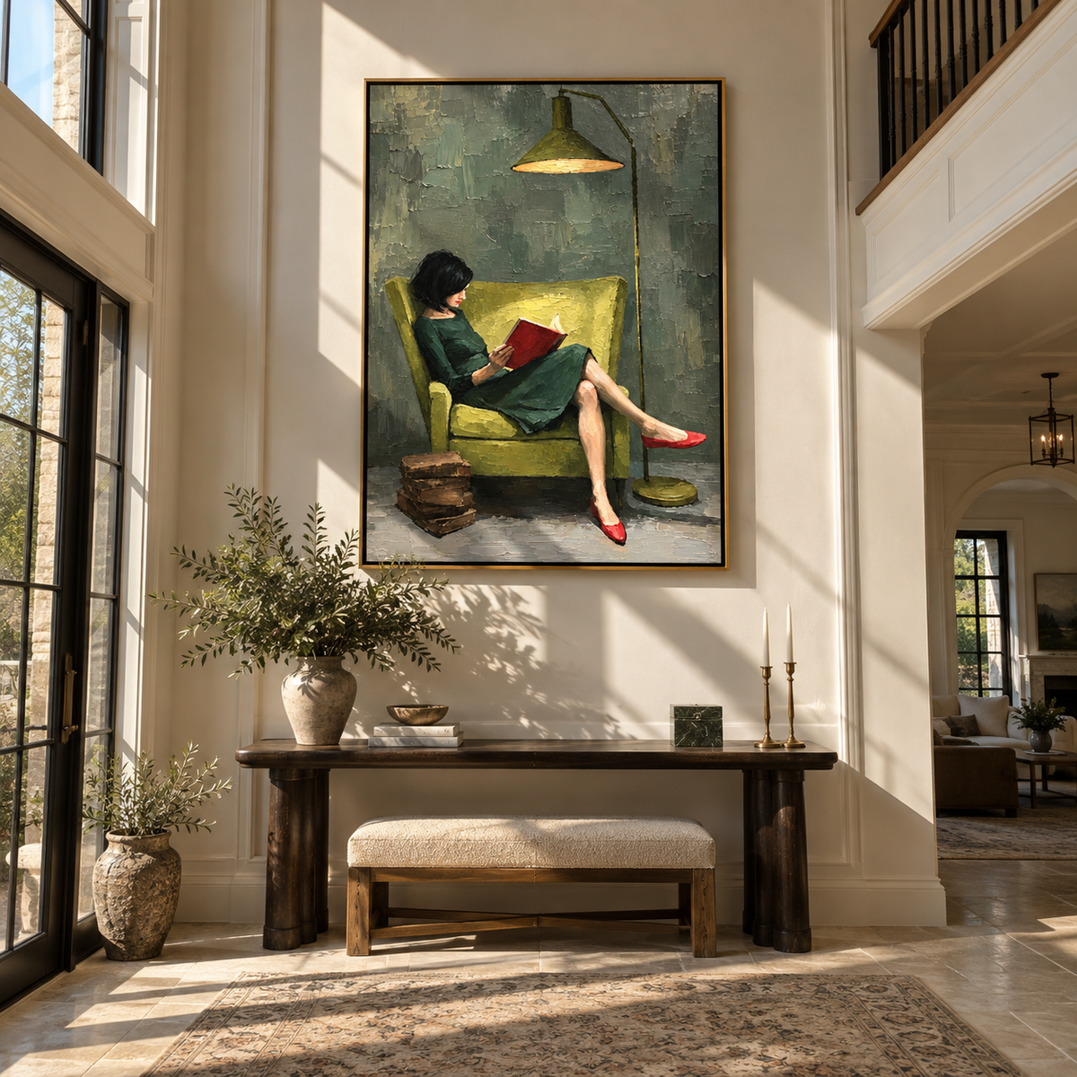 Green Lamp Warms Pages – woman reading under green lamp, Retro Modern vertical wall art - displayed through an entryway