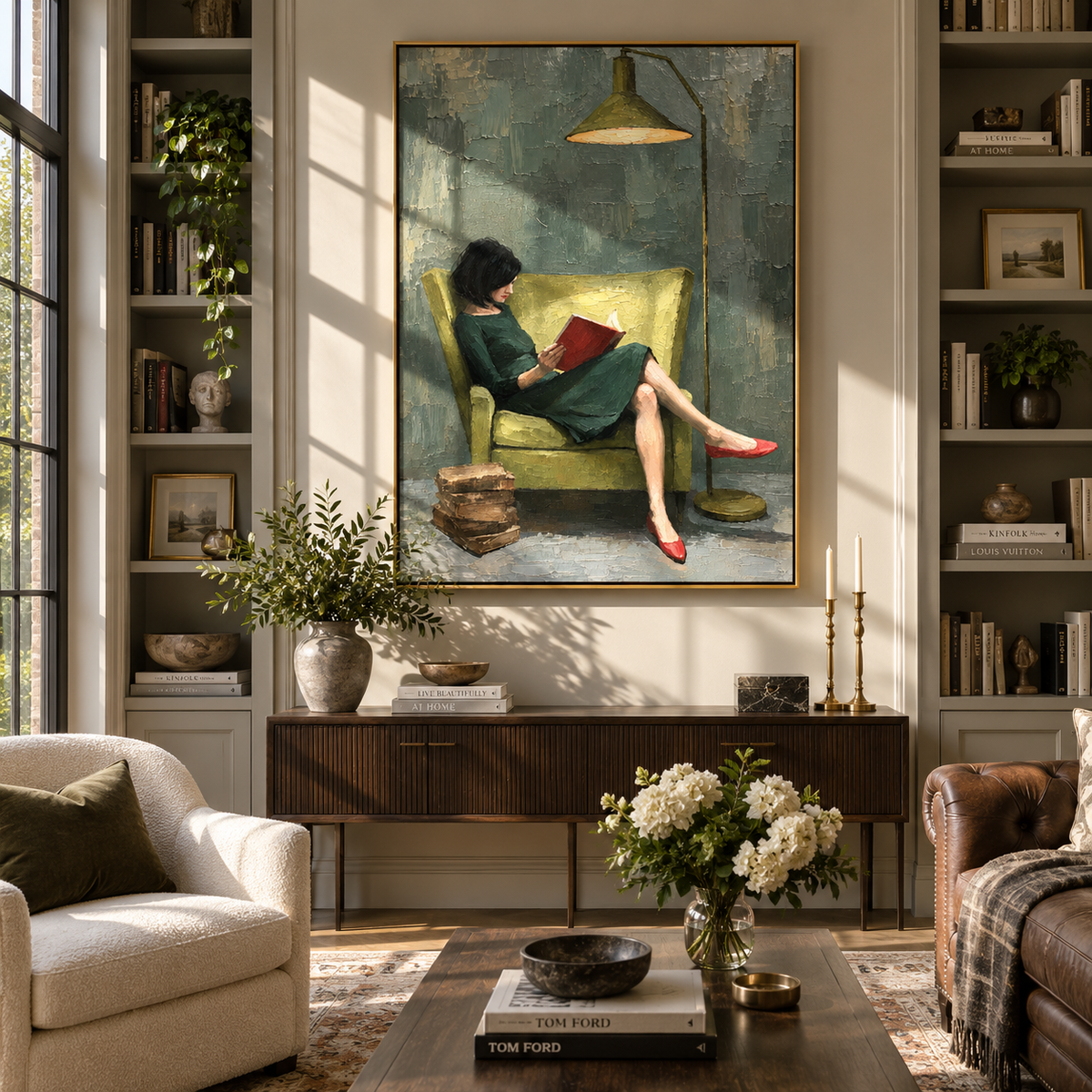 Green Lamp Warms Pages – woman reading under green lamp, Retro Modern vertical wall art - displayed along a stair landing
